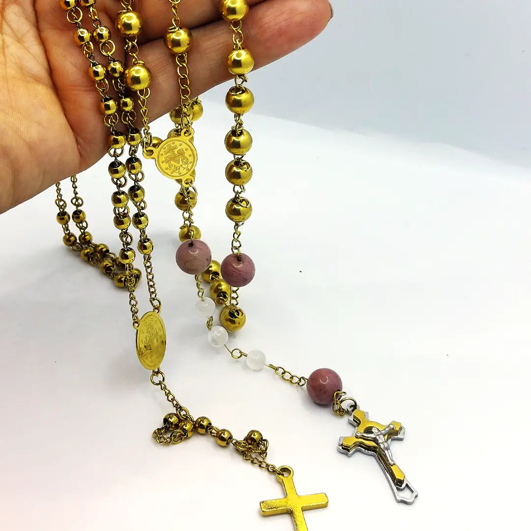 Stainless Steel and Rhodonite Gemstone Rosary