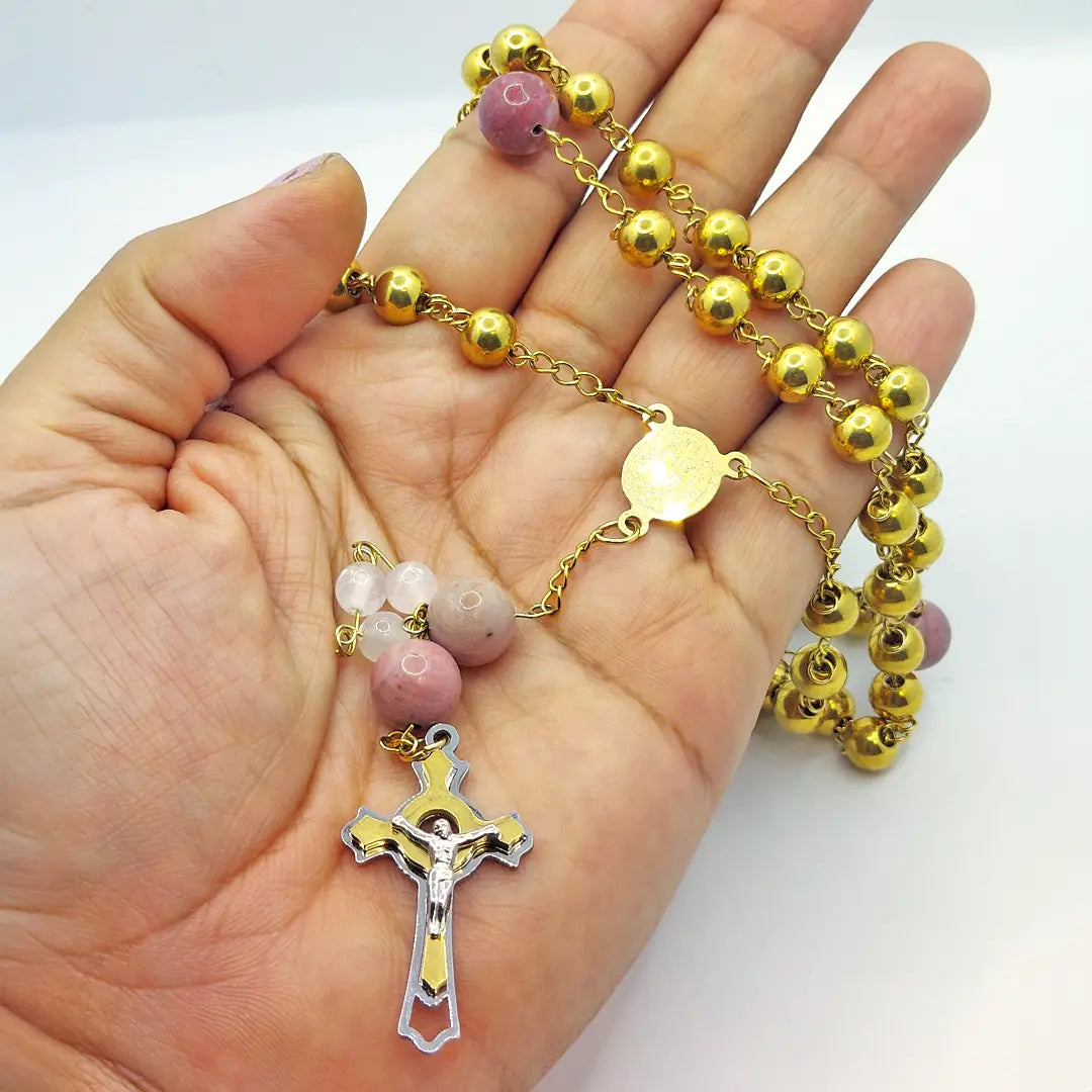 Stainless Steel and Rhodonite Gemstone Rosary