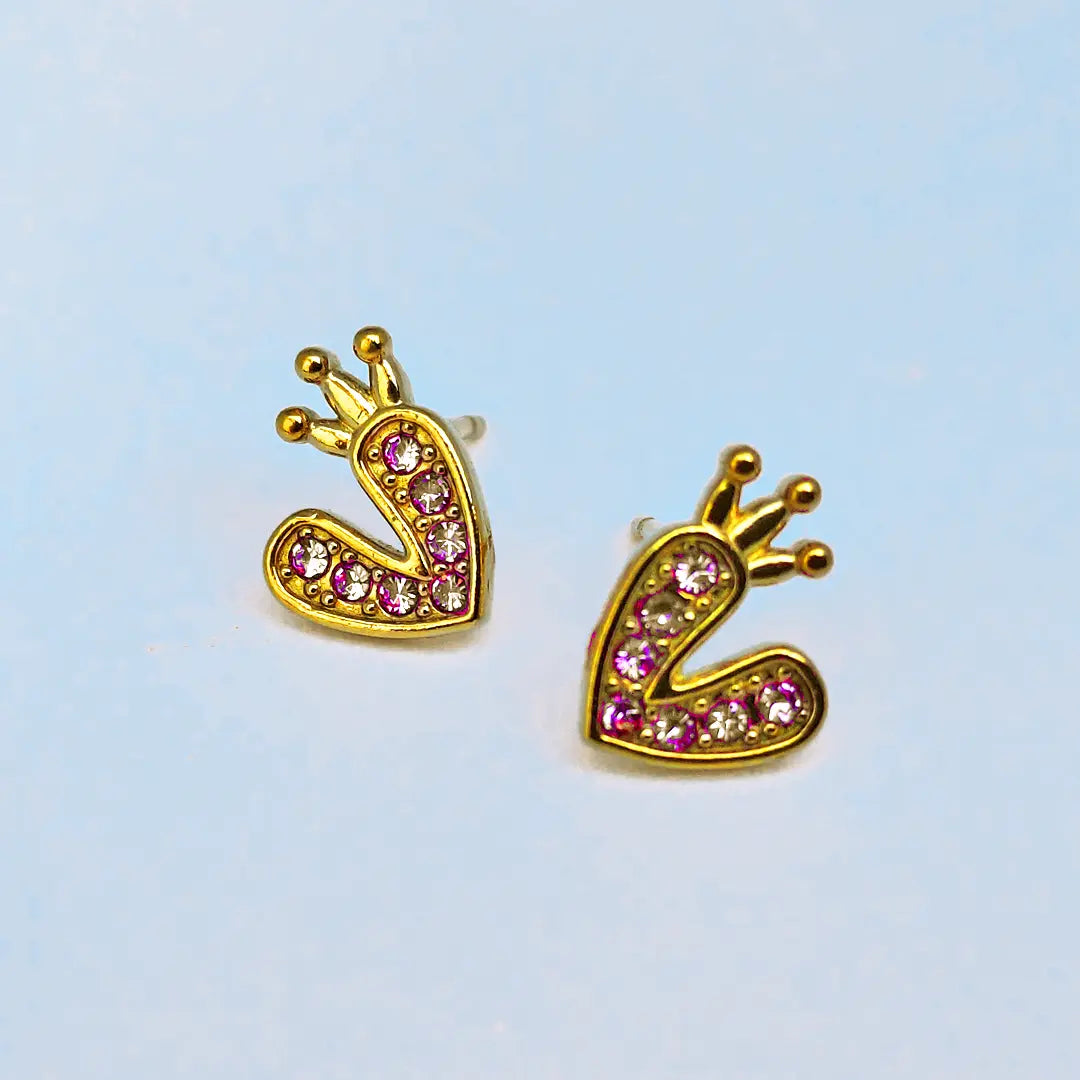 Stainless Steel Heart Crown Rhinestone Stud Earrings
