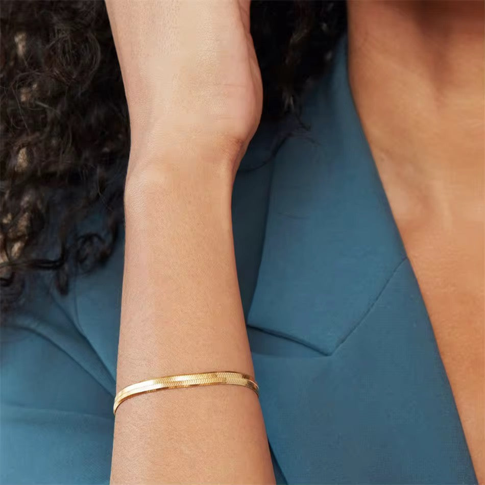 Gold Herringbone Bracelet | Stainless Steel Flat Snake Chain | 1/4" Wide