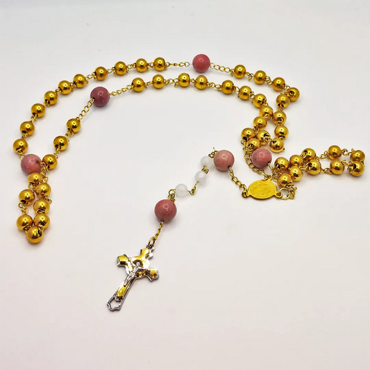 Stainless Steel and Rhodonite Gemstone Rosary