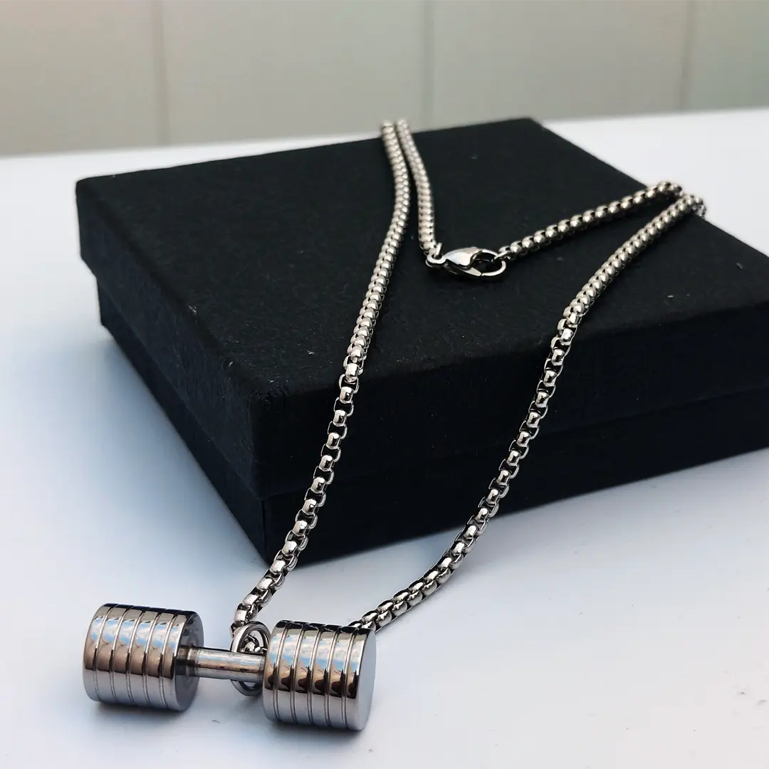 Stainless Steel Six Plate Dumbell Barbell Pendant Necklace