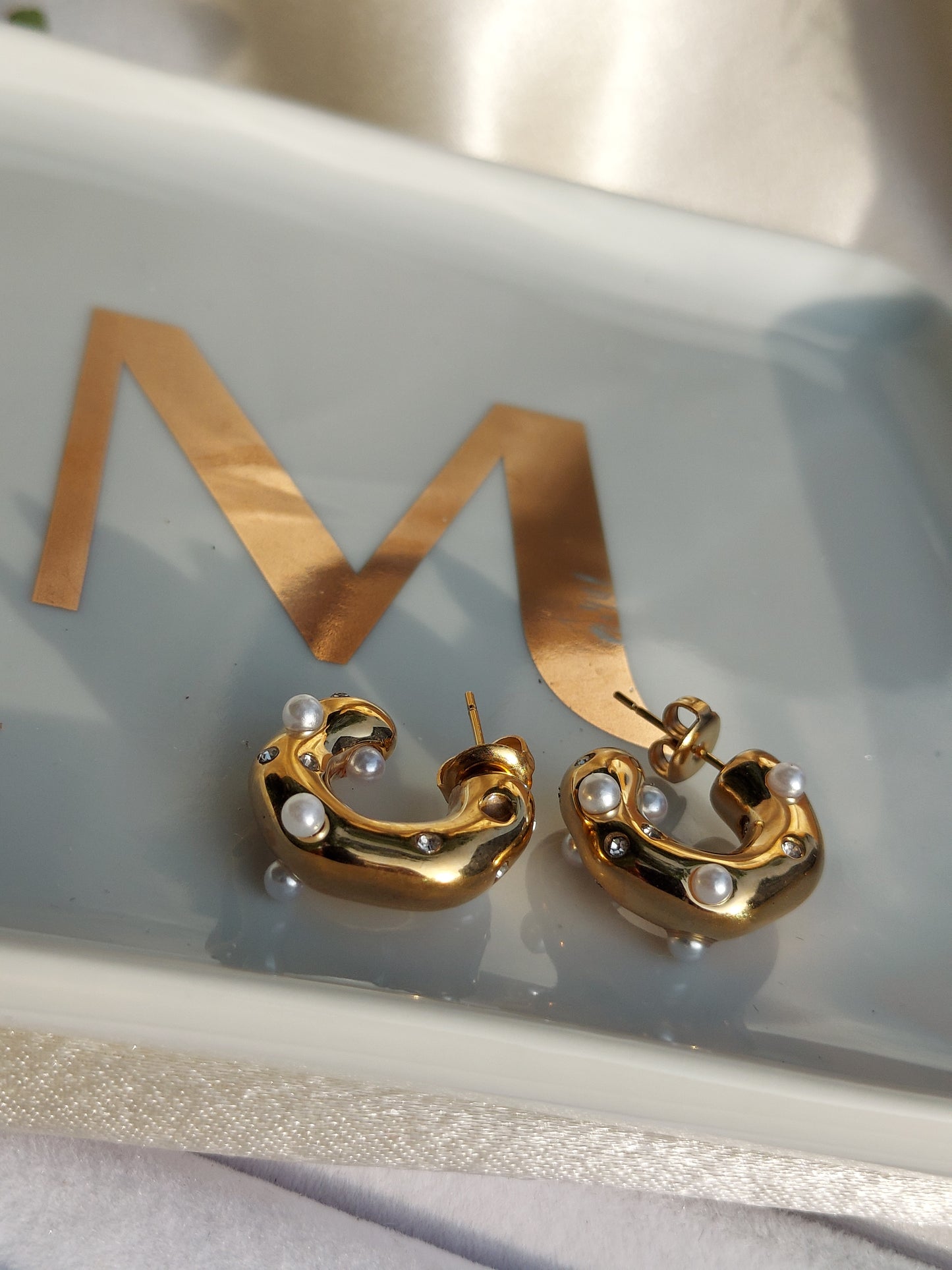 Chunky Pearl & Zirconia Hoop Earrings | Gold Plated Stainless Steel