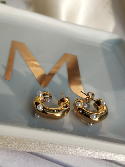 Chunky Pearl & Zirconia Hoop Earrings | Gold Plated Stainless Steel