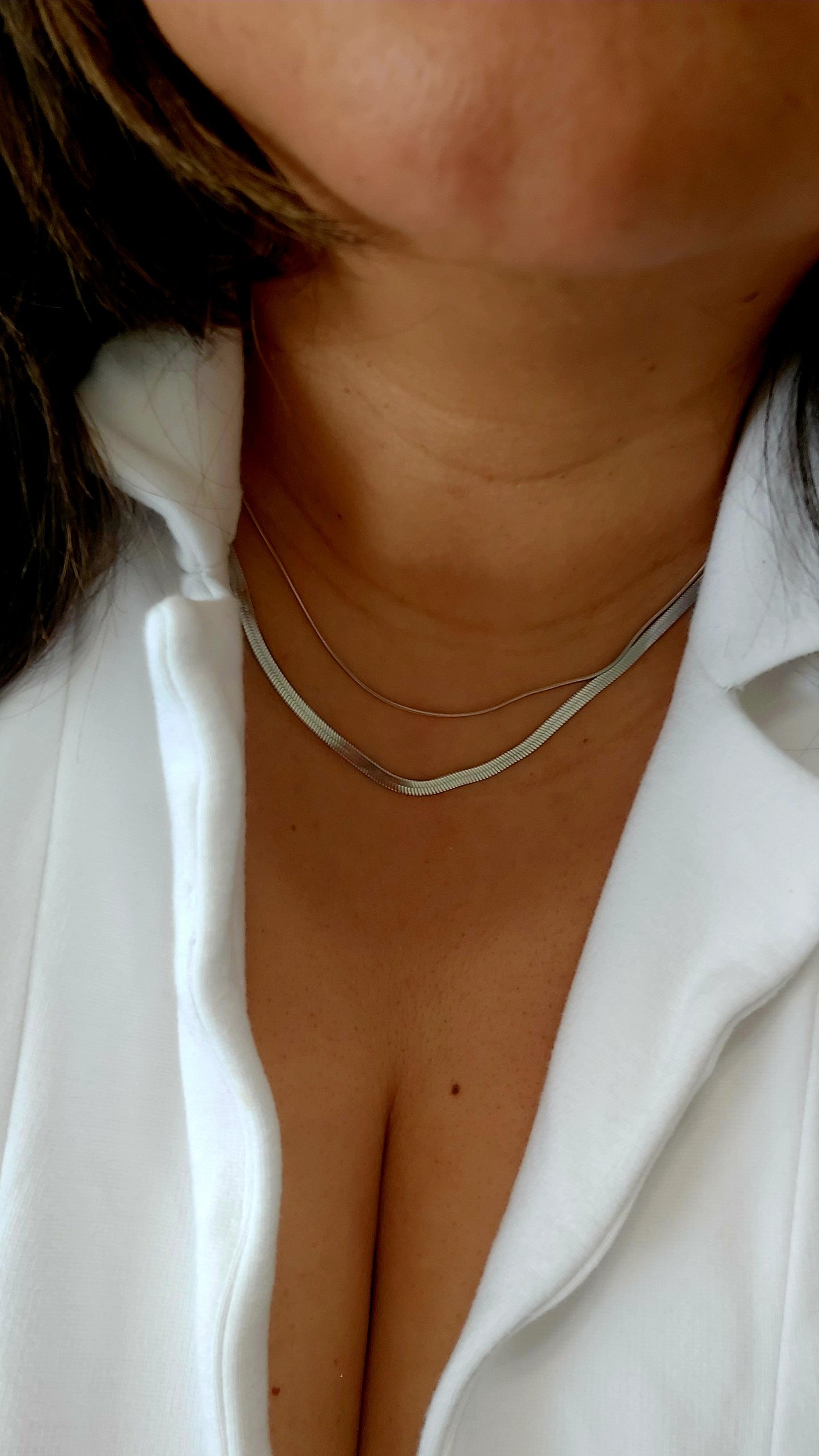Double Layer Snake & Herringbone Necklace | Luna Duo | 18K Gold or Silver Tone | 18"