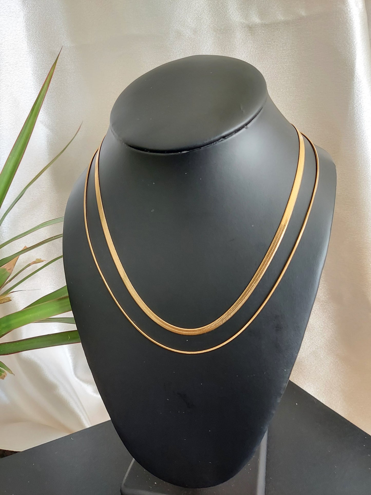 Double Layer Snake & Herringbone Necklace | Luna Duo | 18K Gold or Silver Tone | 18"