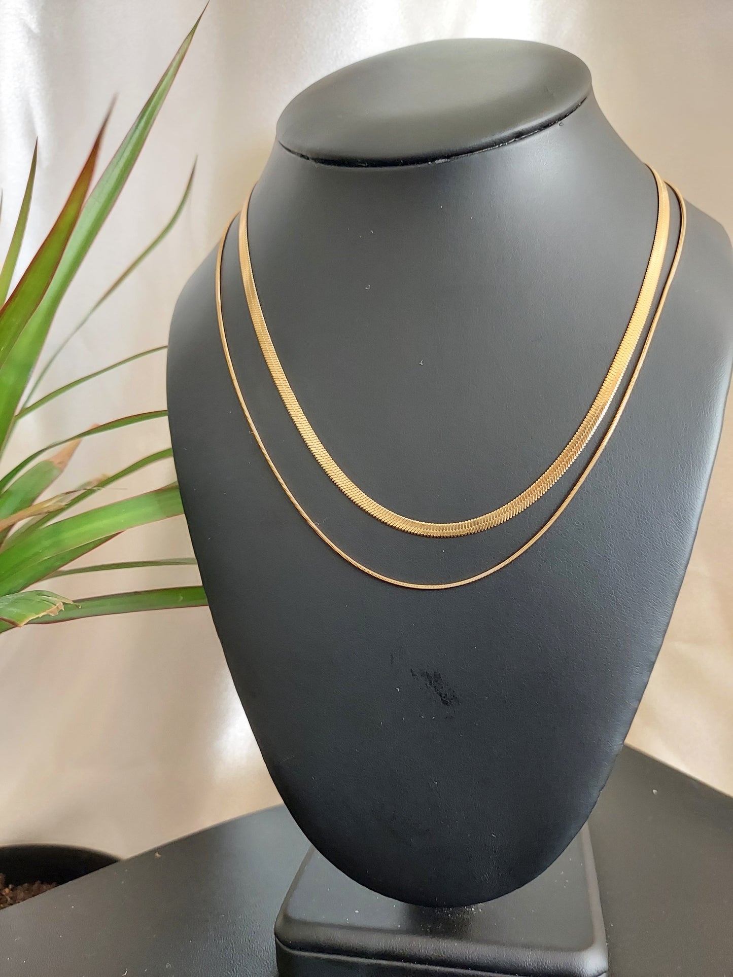 Double Layer Snake & Herringbone Necklace | Luna Duo | 18K Gold or Silver Tone | 18"