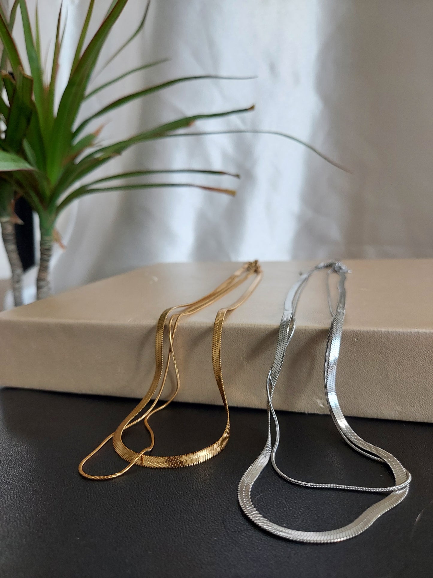 Double Layer Snake & Herringbone Necklace | Luna Duo | 18K Gold or Silver Tone | 18"