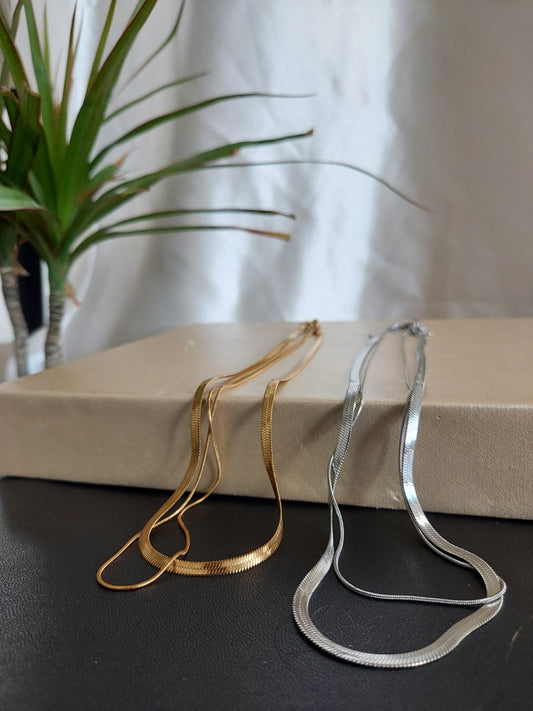 Double Layer Snake & Herringbone Necklace | Luna Duo | 18K Gold or Silver Tone | 18"