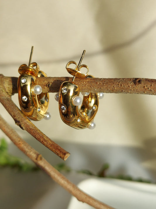 Chunky Pearl & Zirconia Hoop Earrings | Gold Plated Stainless Steel