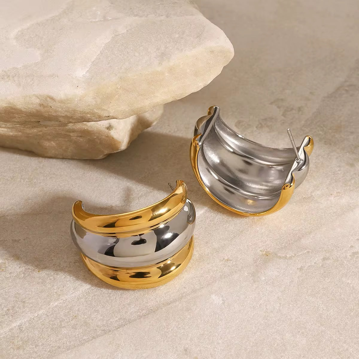 Valentina Two-Tone Chunky C-Hoop Earrings | 18K Gold Plated & Stainless Steel