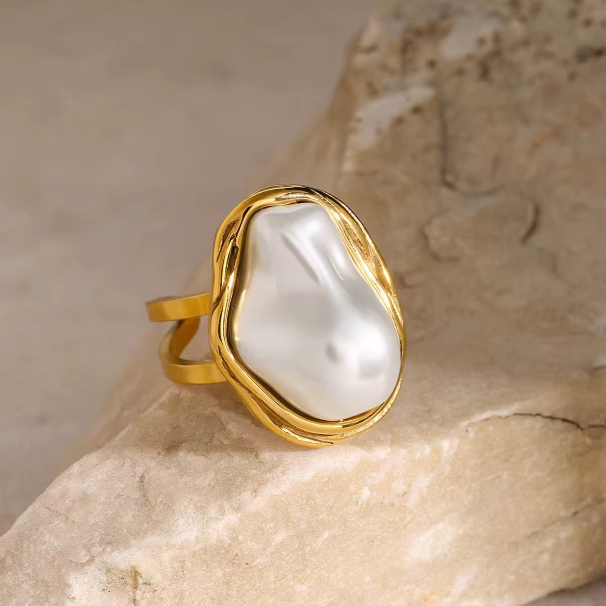 Aura Baroque Pearl Ring | Adjustable 18K Gold Plated Open Band