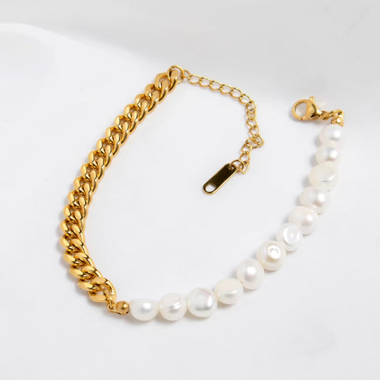 Chunky Freshwater Pearl & Cuban Chain Bracelet | 18K Gold Plated Steel | Adjustable 6"-8"