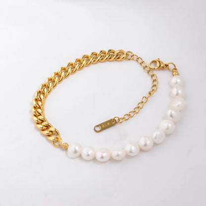 Chunky Freshwater Pearl & Cuban Chain Bracelet | 18K Gold Plated Steel | Adjustable 6"-8"