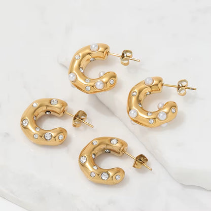 Chunky Pearl & Zirconia Hoop Earrings | Gold Plated Stainless Steel