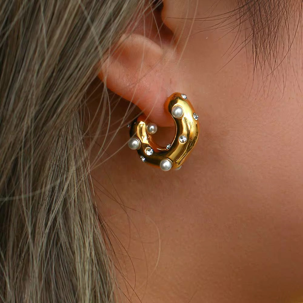 Chunky Pearl & Zirconia Hoop Earrings | Gold Plated Stainless Steel