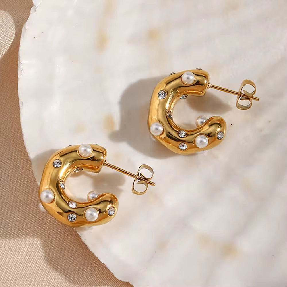 Chunky Pearl & Zirconia Hoop Earrings | Gold Plated Stainless Steel