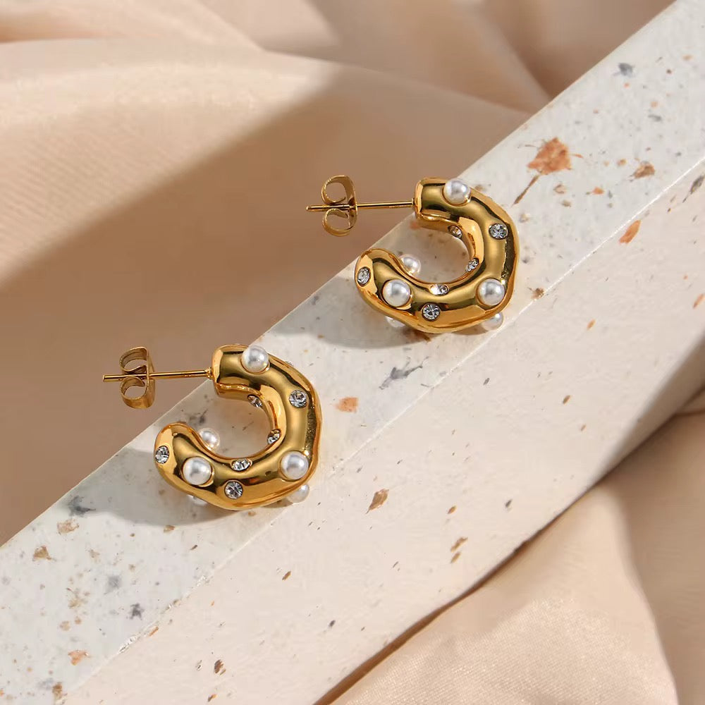 Chunky Pearl & Zirconia Hoop Earrings | Gold Plated Stainless Steel