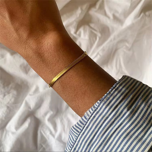Gold Herringbone Bracelet | Stainless Steel Flat Snake Chain | 1/4" Wide
